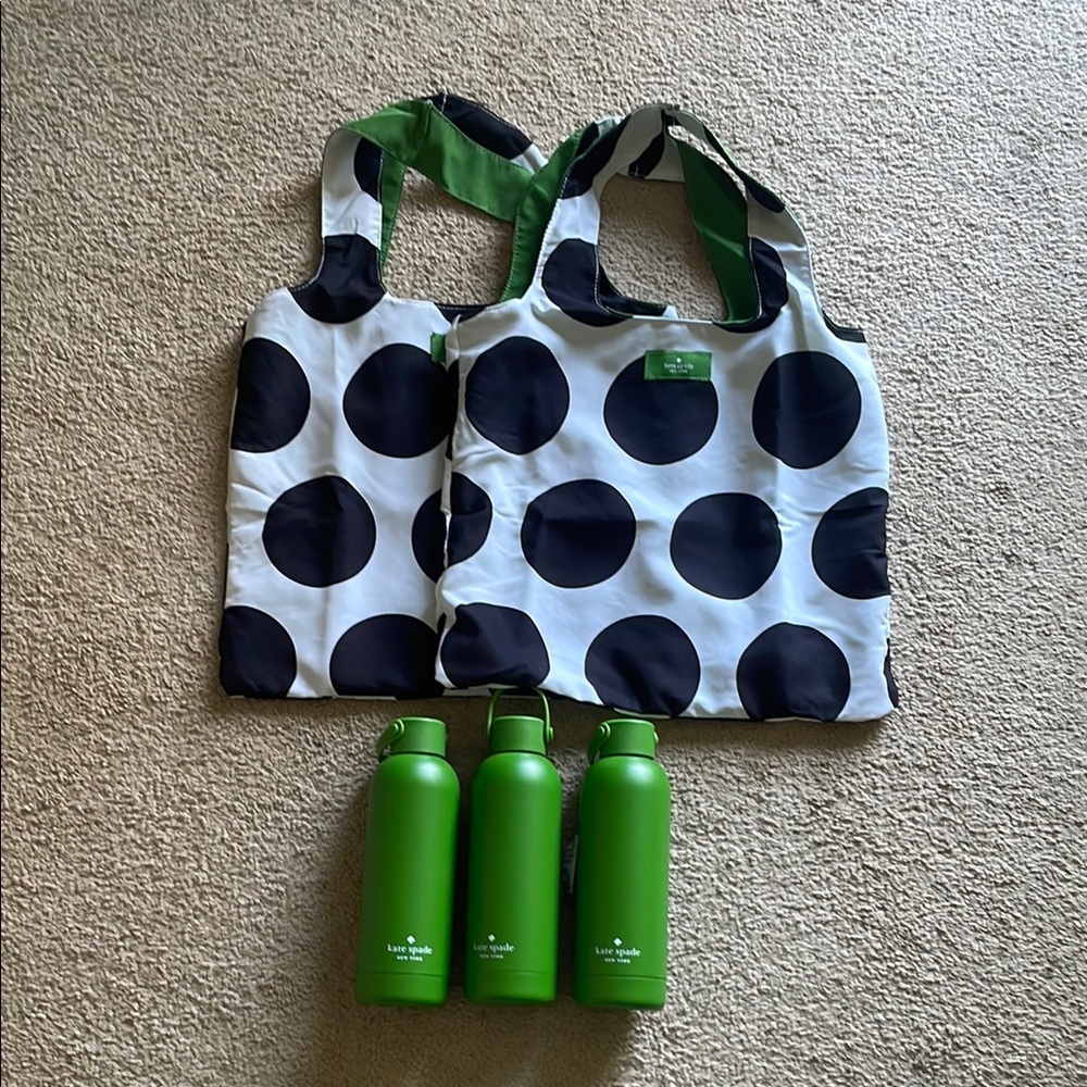 Black and White Polka Dot Tote Bags with Green Bottles